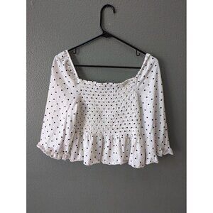 American Eagle Women's Smocked Boho Cottgecore Shirt Large Polka Dot Ruffle